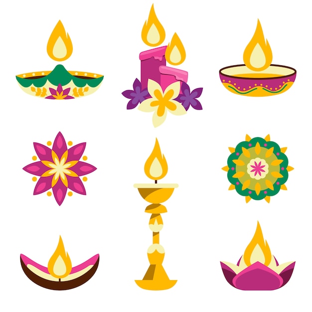 Colección de elementos planos para la celebración del festival hindú de diwali.