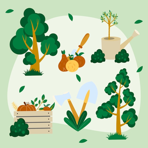 Colección de elementos planos del día del árbol