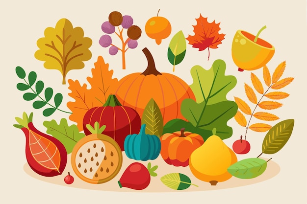 Colección de elementos planos de otoño y Acción de Gracias dibujados a mano por vector