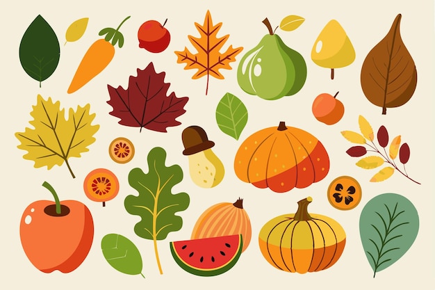 Colección de elementos planos de otoño y Acción de Gracias dibujados a mano por vector