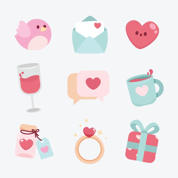 Colección de elementos planos de san valentín con linda ilustración