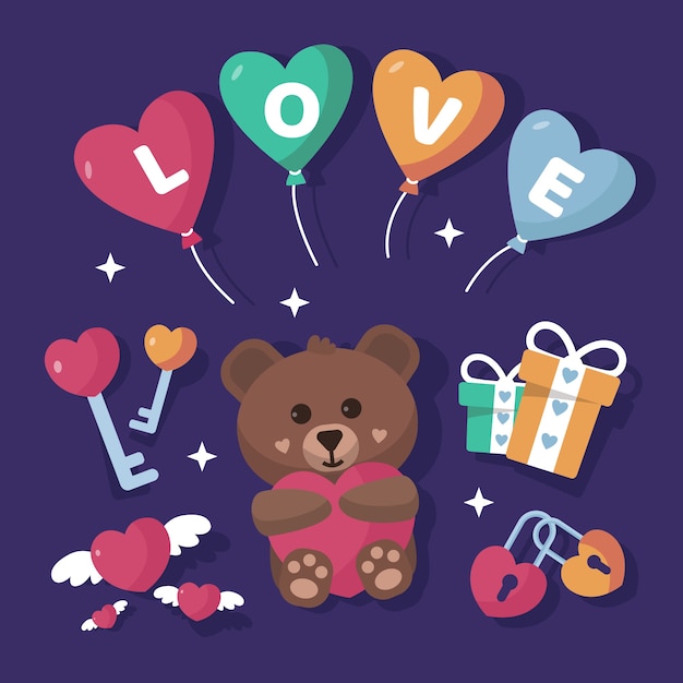 Colección de elementos planos de san valentín
