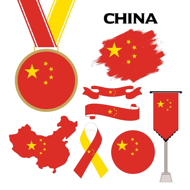 Colección de elementos con la plantilla de diseño de la bandera de China. Bandera de China, Cintas, Medalla, Mapa, Grunge