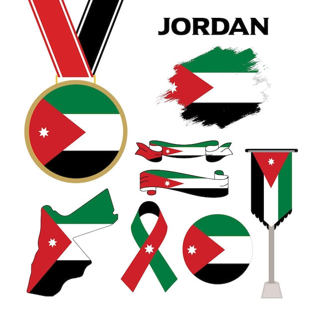 Colección de elementos con la plantilla de diseño de la bandera de Jordania. Jordan Bandera, Cintas, Medalla, Mapa