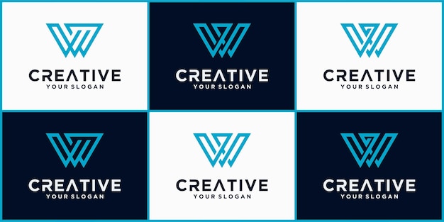 Una colección de elementos de plantilla de diseño de icono de logotipo de letra W, logotipo de w con un concepto minimalista azul