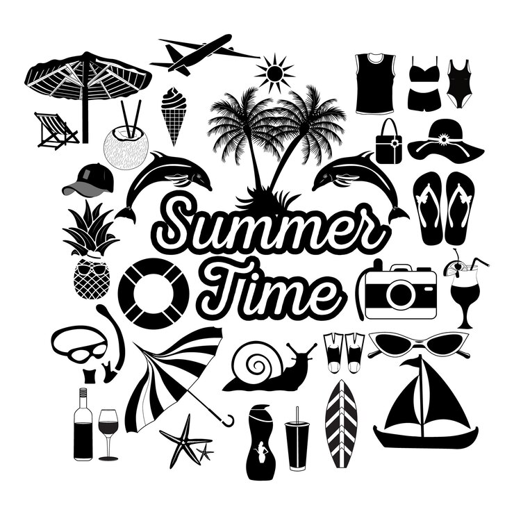 Colección de elementos de playa Summer Time en diseño plano Símbolos y objetos vectoriales de arte lineal