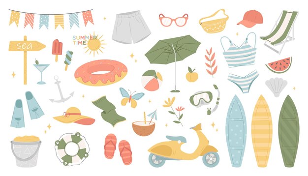 Colección de elementos de playa de verano Actividad de ocio de verano Lindo juego de viaje para la playa