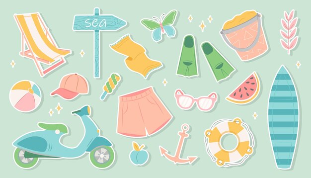 Colección de elementos de playa de verano Conjunto de pegatinas de scrapbooking