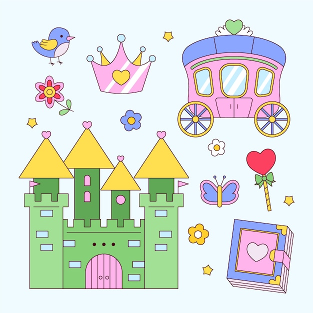 Colección elementos princesa dibujadas a mano