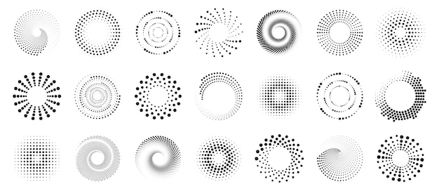 Colección de elementos de puntos de semitono en espiral Decoración en espiral negra Textura en espiral circular