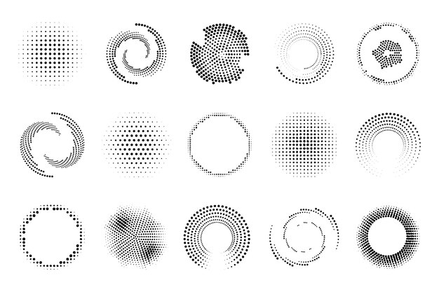 Colección de elementos de puntos de semitono en espiral Decoración en espiral negra Textura en espiral circular