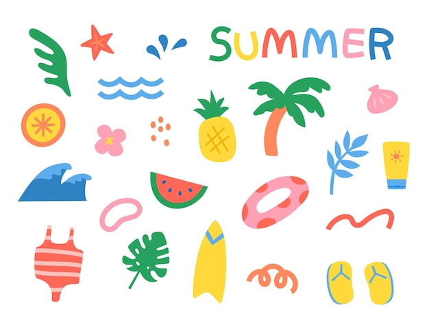 Una colección de elementos para representar una ilustración de estilo vectorial de playa de verano fresco
