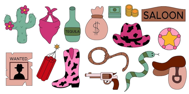 Vector colección de elementos retro cowgirl botas cowgirl cuerda arma silla de montar sombrero herradura tequila dinamita