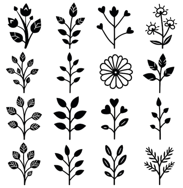 Colección de elementos de silueta floral y botánica