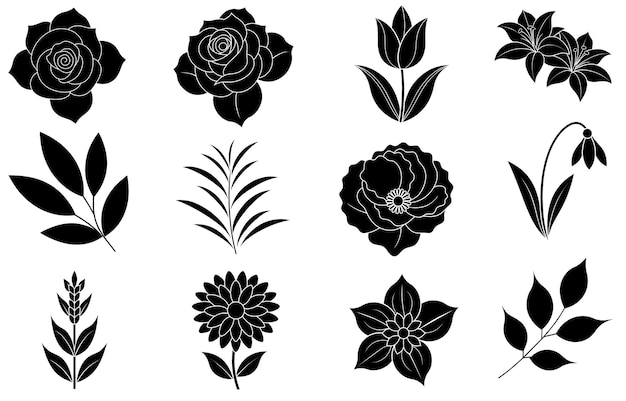 Colección de elementos de silueta de flores y hojas