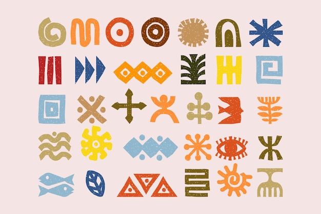 Colección de elementos tribales africanos, mexicanos y aztecas dibujados a mano con textura de grano