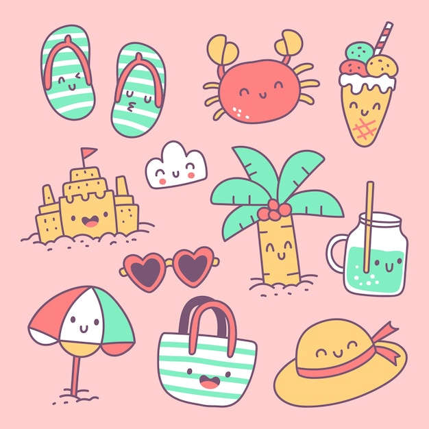 Colección de elementos de vacaciones de verano dibujados a mano