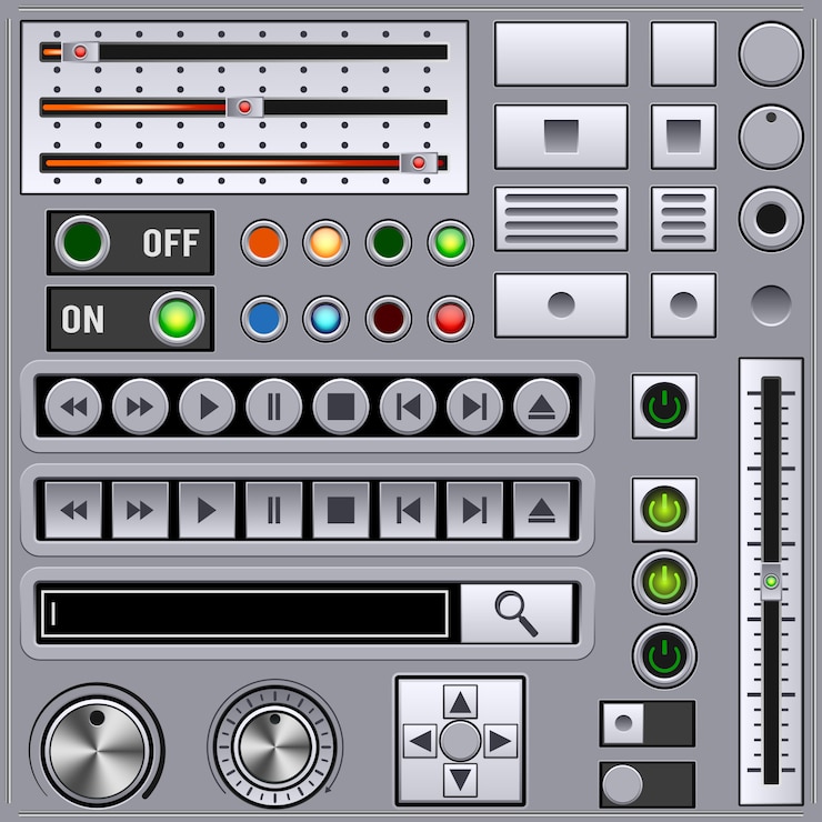 Vector colección de elementos de vector de interfaz de usuario gráfico reproductor multimedia. aparato analógico estilo retro.