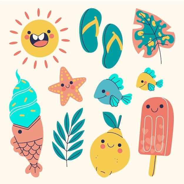 Colección de elementos de verano dibujados a mano