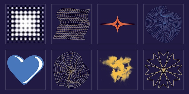 Colección de elementos Y2K Conjunto futurista retro psicodélico Rave Iconos minimalistas planos