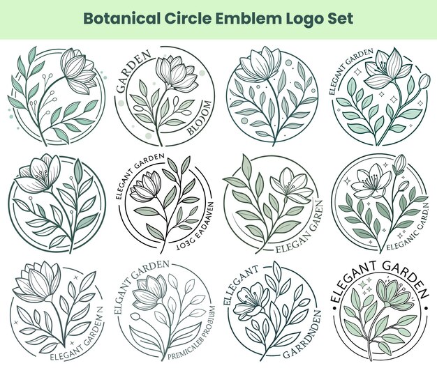 Colección de emblemas de flores elegantes Diseño de la línea de arte del círculo botánico Jardín de hojas de flora