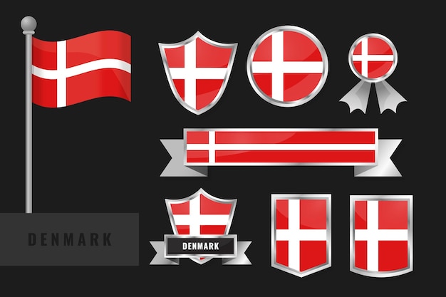 Colección de emblemas nacionales de Dinamarca Diseño plano de la colección de banderas de Dinamarca