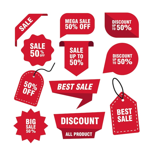 Colección de emblemas de promoción de ventas en rojo Ilustración vectorial de banner de descuento de ventas