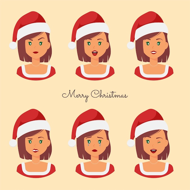 Colección de emociones de mujeres con diferentes expresiones faciales en traje de papá noel de navidad