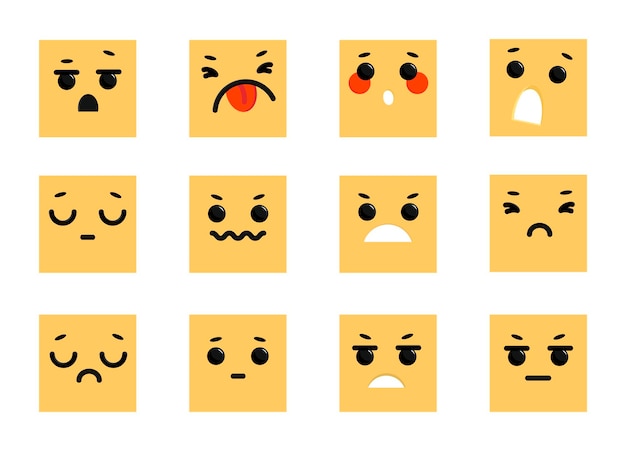 Colección con emociones negativas Uso para la configuración de personajes Caras de emoticonos de dibujos animados con expresiones faciales Estilo plano en ilustración vectorial