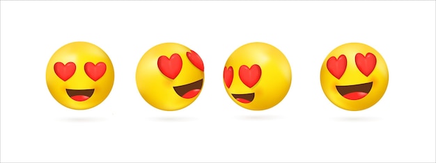 Colección de emoji amarillo 3d con sonrisa y corazones en los ojos ilustración vectorial