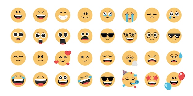 Colección de emoticones amarillos con diferentes expresiones Conjunto de dibujos animados de emoji de estilo plano