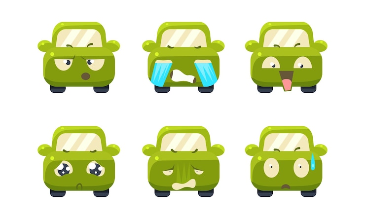 Vector colección de emoticones de automóviles lindos personajes de dibujos animados de automóviles verdes que muestran diferentes emociones vectoriales
