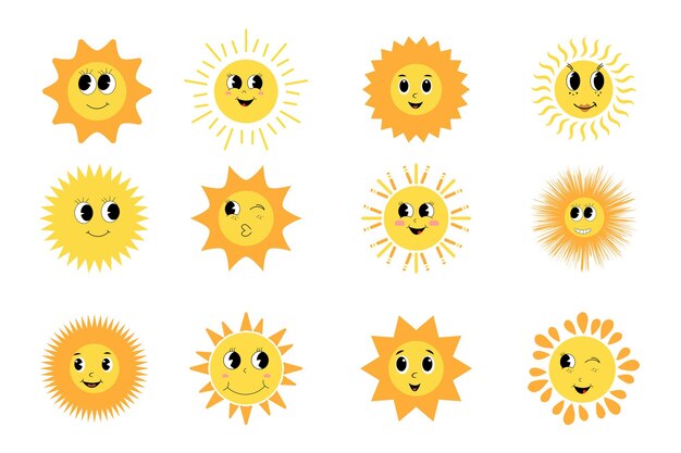 Vector colección de emoticones soleados soles sonrientes y parpadeantes con caras divertidas en estilo vector