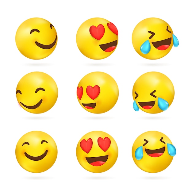 Colección de emoticonos faciales en 3d con ojos sonrientes y una amplia sonrisa riéndose hasta las lágrimas y con amor en los ojos