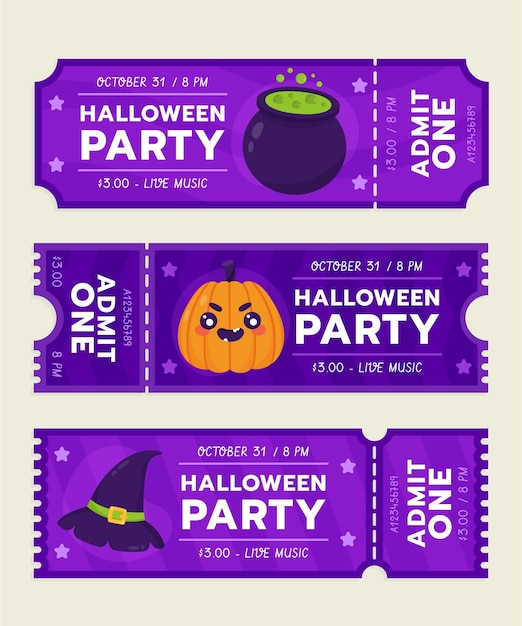 Colección de entradas de halloween planas dibujadas a mano