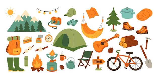 Una colección de equipo de camping y al aire libre incluyendo una tienda una mochila
