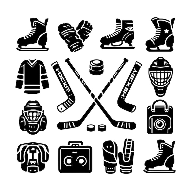 Colección de equipo de hockey sobre hielo de época Ilustración de estilo vectorial de silueta