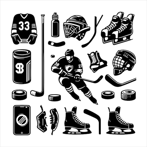 Colección de equipo de hockey sobre hielo de época Ilustración de estilo vectorial de silueta