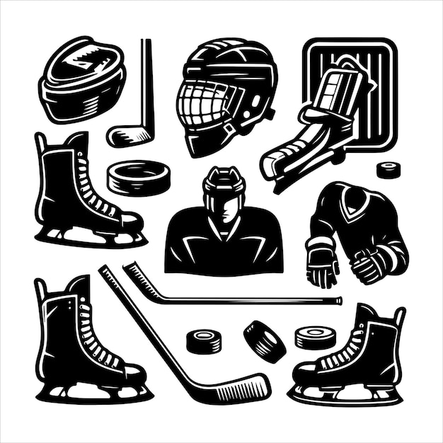 Colección de equipo de hockey sobre hielo de época Ilustración de estilo vectorial de silueta