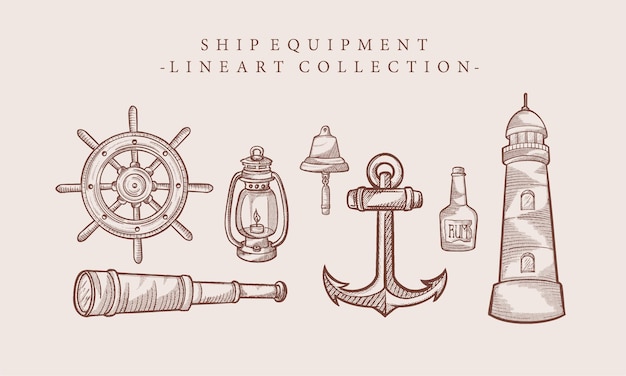 Vector colección de equipos de barcos de arte de línea vintage