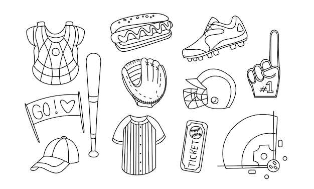 Colección de equipos de béisbol dibujados a mano Atributos de béisbol monocromáticos y guantes de engranajes Casco de bateo Capa de pelota Ilustración vectorial de campo sobre fondo blanco