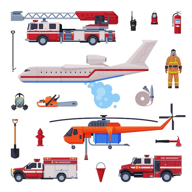 Colección de equipos de bomberos, herramientas de extinción de incendios y vehículos de rescate de servicios de emergencia Ilustración vectorial de estilo plano sobre fondo blanco
