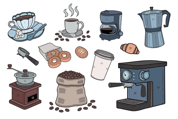 Colección de equipos de café dibujados a mano en ilustración de estilo plano para ideas de negocios