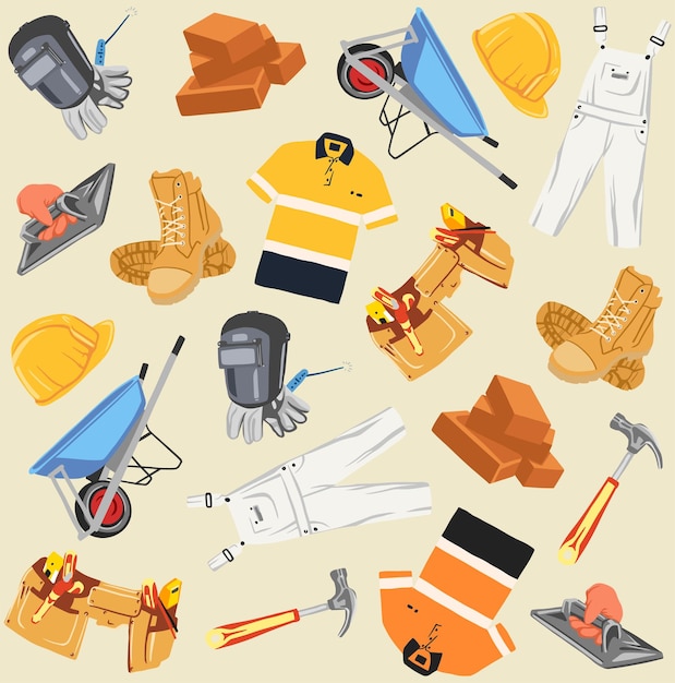 Vector colección de equipos de construcción y trajes construcción ilustración vectorial de patrones sin fisuras