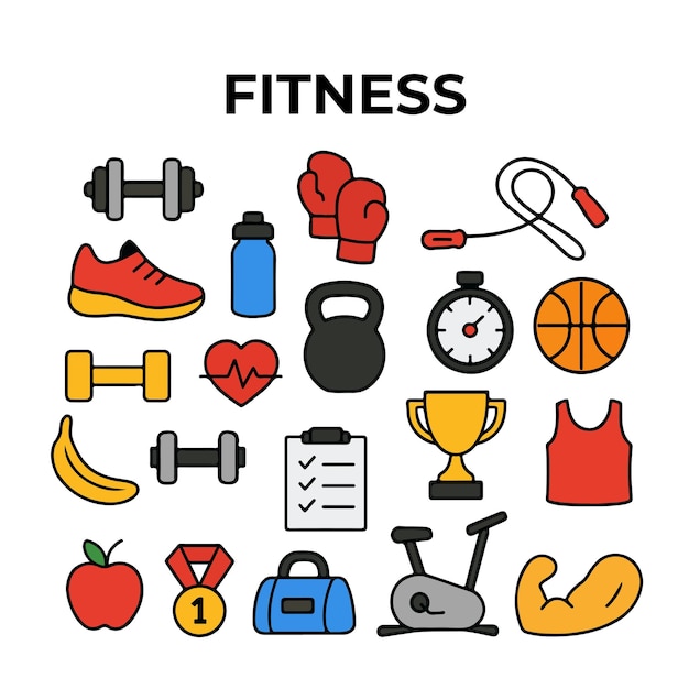 Colección de equipos de fitness en un fondo blanco