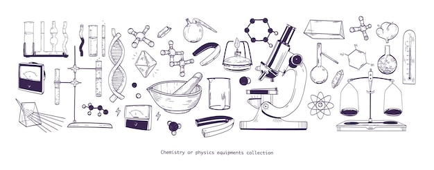 Colección de equipos y herramientas de laboratorio físico y químico aislado sobre fondo blanco - microscopio, tubos de ensayo y matraces, escalas, termómetro. Ilustración vectorial monocromática dibujada a mano.