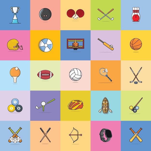 Colección de equipos de juego deportivo ilustración de icono vectorial Concepto de icono de objeto deportivo Conjunto de diseño de objetos y símbolos deportivos
