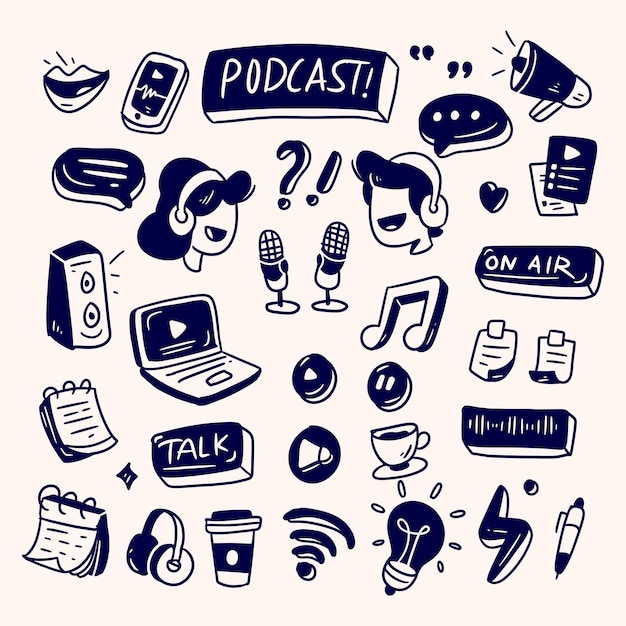 colección de equipos de podcast en doodle podcast doodle dibujado a mano