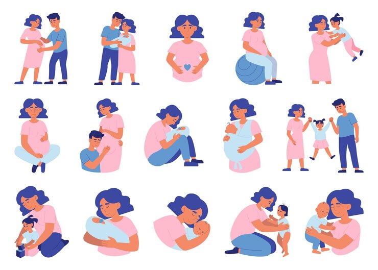Vector colección de escenas de etapas de embarazo y maternidad