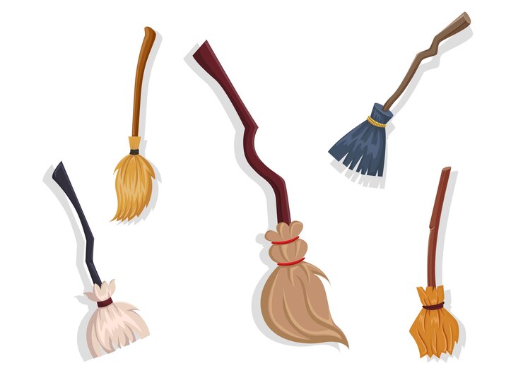Vector colección de escobas. escoba de dibujos animados de concepto en diferentes. conjunto de elementos de halloween. ilustración de imágenes prediseñadas de vector aislado sobre fondo blanco